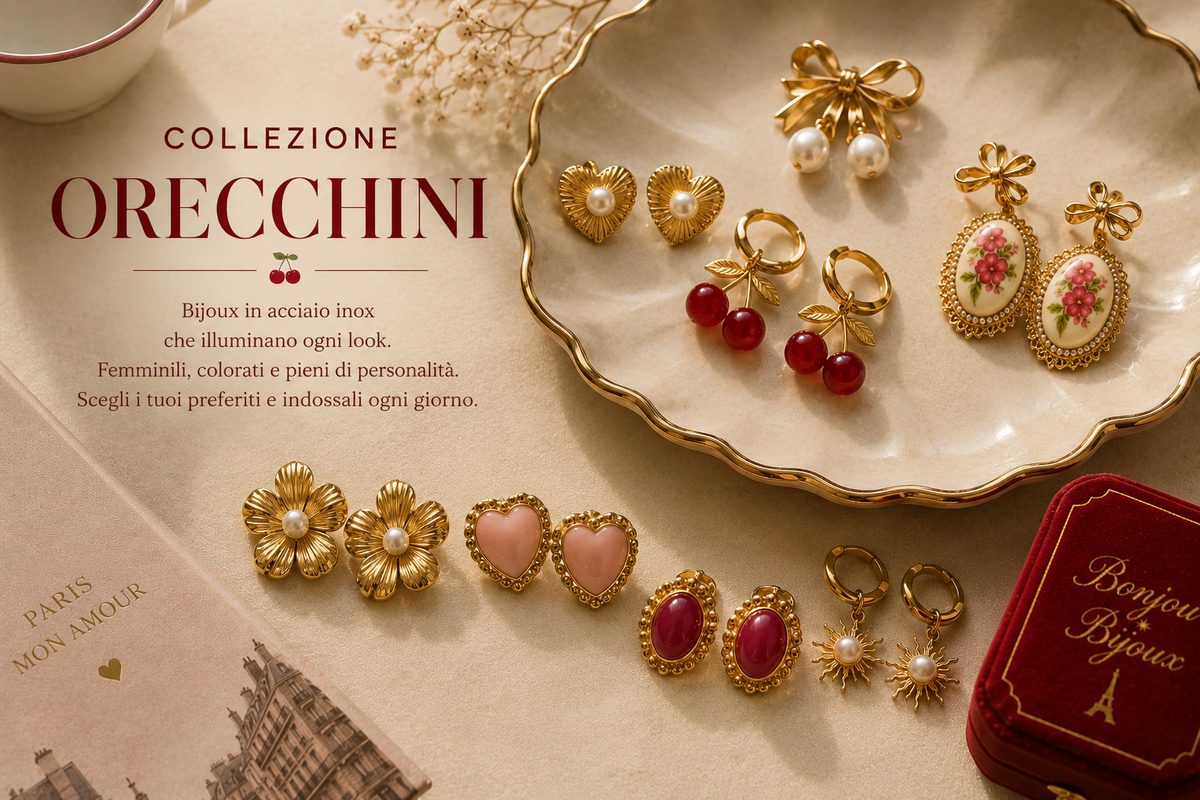 Collezione di orecchini Bonjour Bijoux in acciaio inox dorato, con perle, cuori, ciliegie e dettagli floreali in stile rétro.