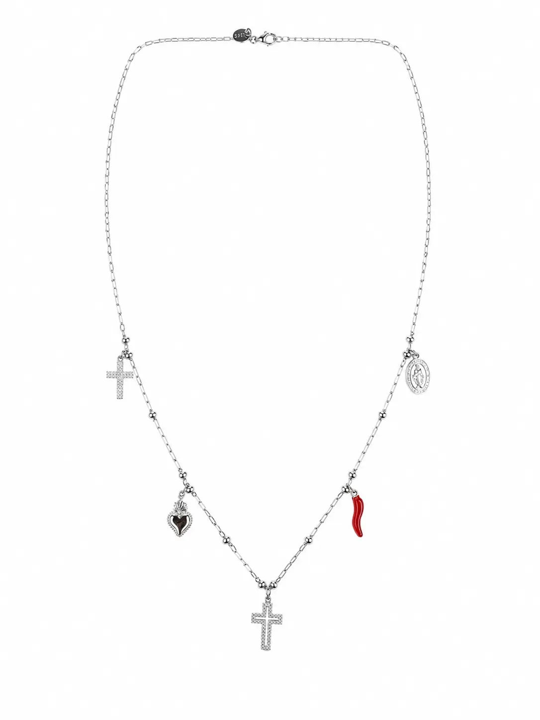 Collana argentata con charms portafortuna e croci