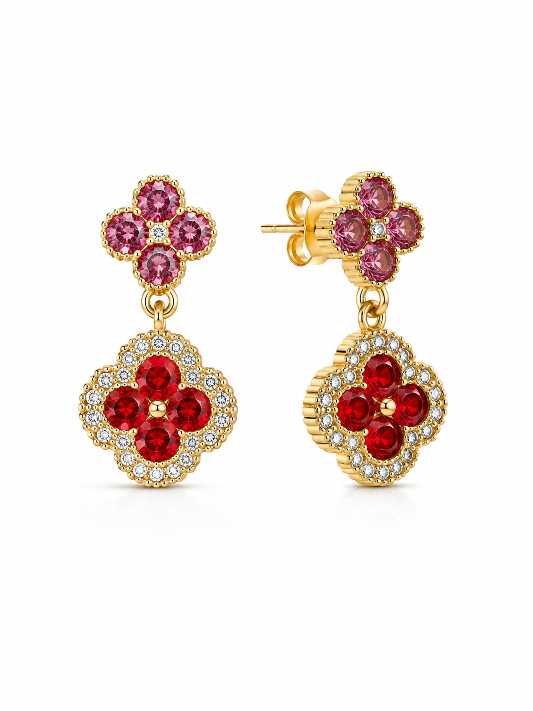 Orecchini pendenti dorati con fiori rosa e rossi 2 cm