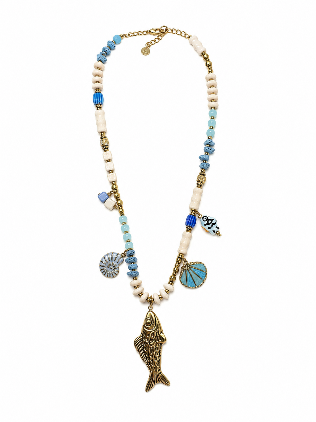 Collana con pesce e charms marini blu e dorati