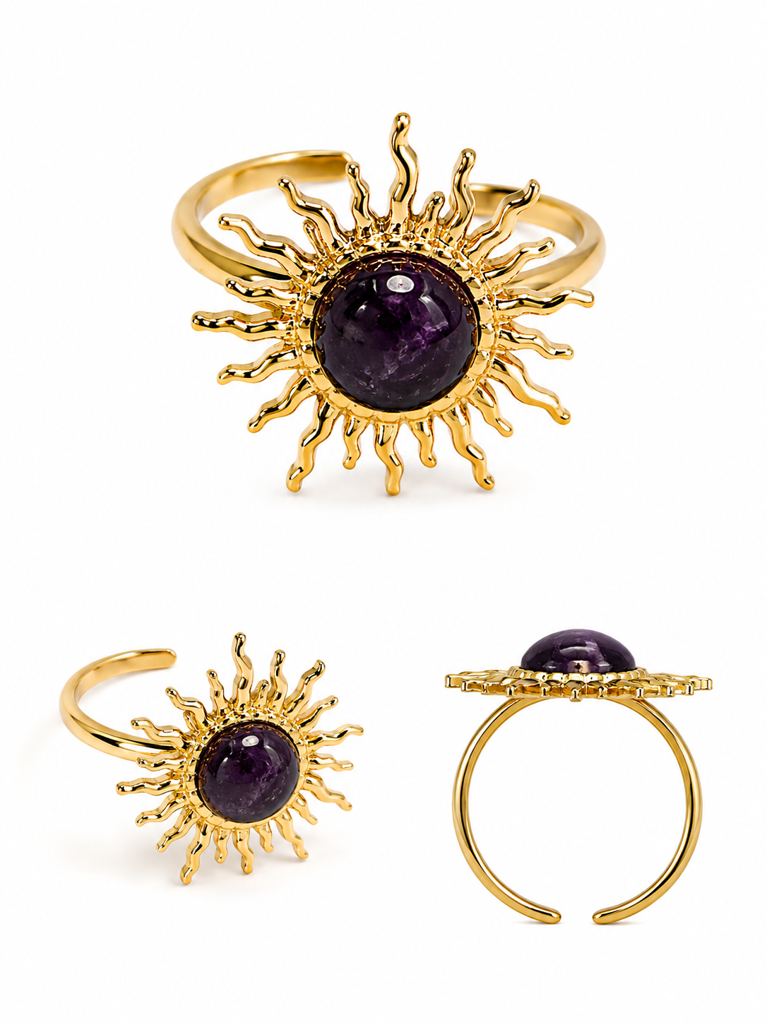 Anello regolabile dorato Sole con pietra nera
