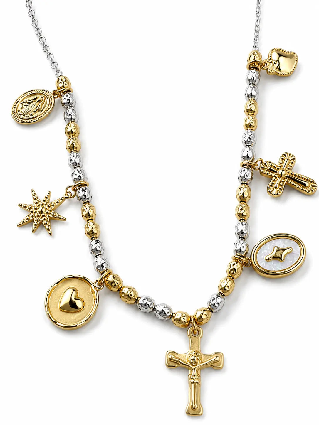 Collana bicolore con croce e charms portafortuna