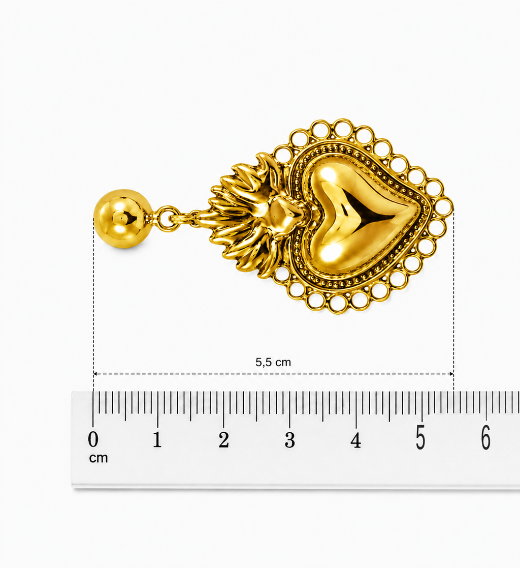 Orecchini dorati cuore sacro pendenti 5,5 cm