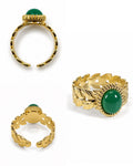 Anello regolabile dorato con foglie e cabochon verde