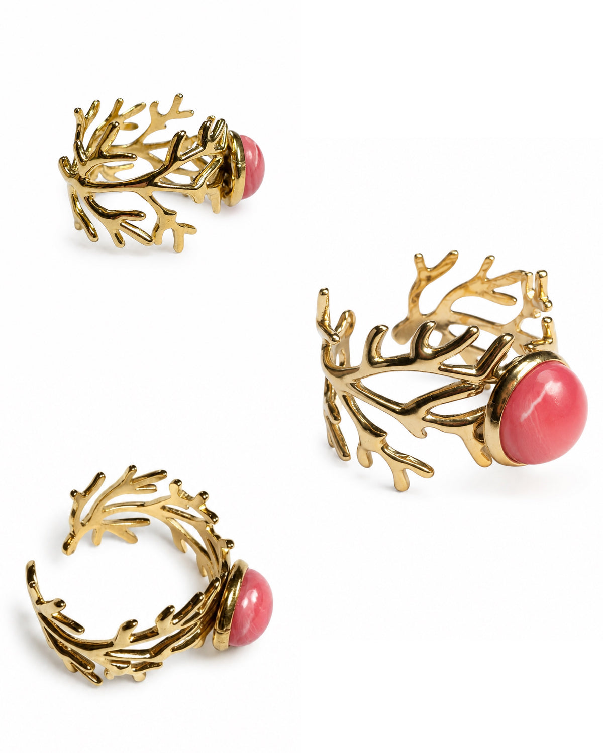 Anello regolabile dorato effetto corallo con cabochon rosa