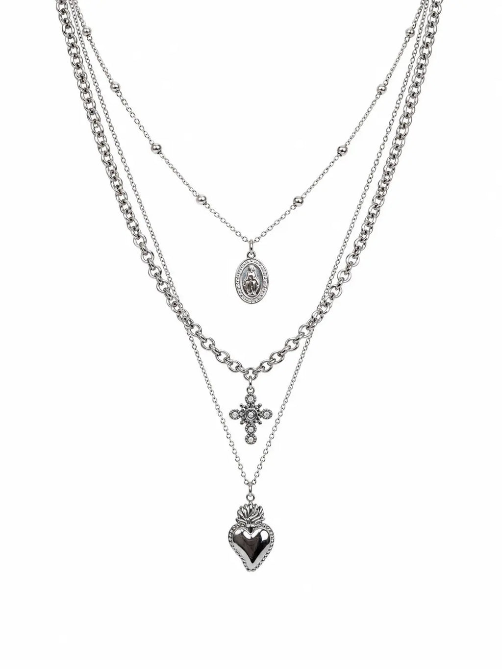Collana multistrato argentata con cuore sacro e croce