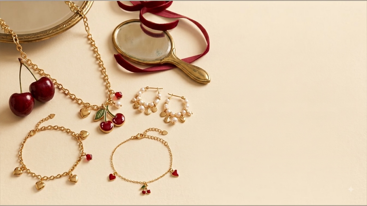 Bijoux dorati Bonjour Bijoux con collane, bracciali e orecchini su sfondo avorio in stile rétro.