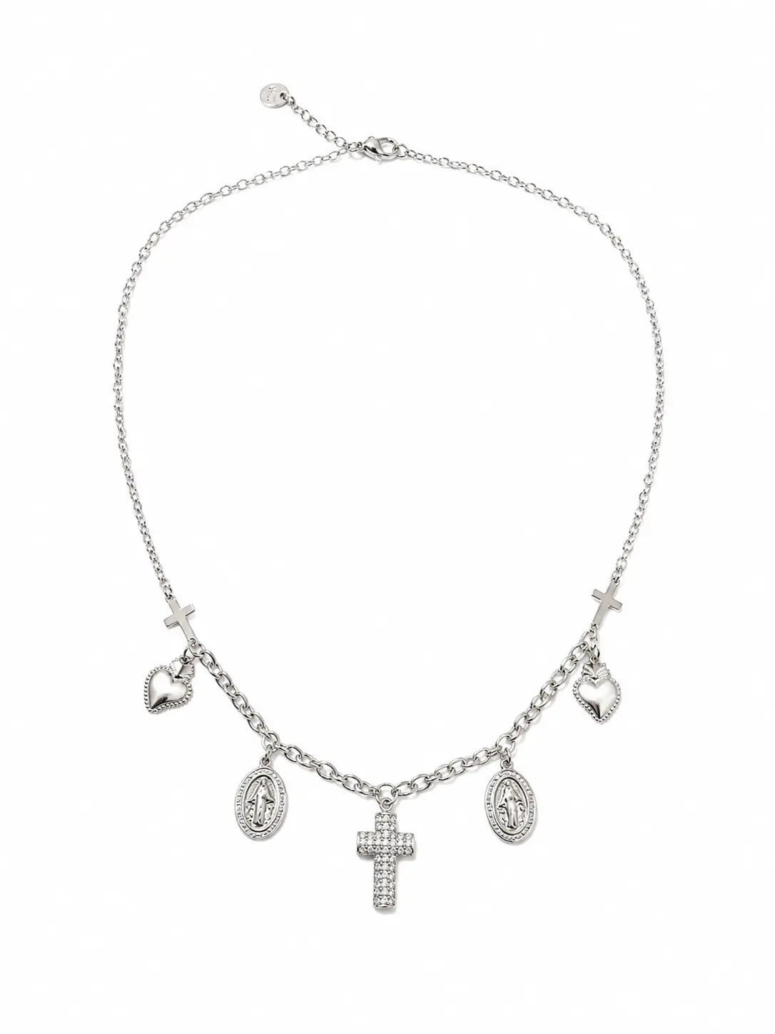 Collana argentata con croci, cuori sacri e medaglie