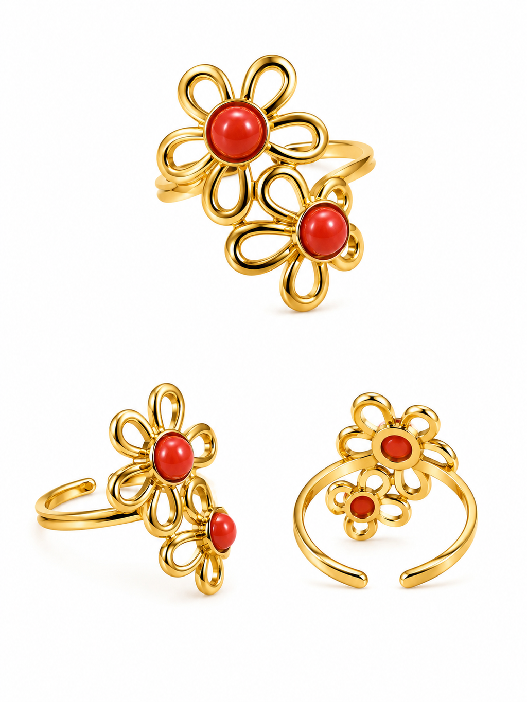 Anello regolabile dorato con fiori e cabochon rossi