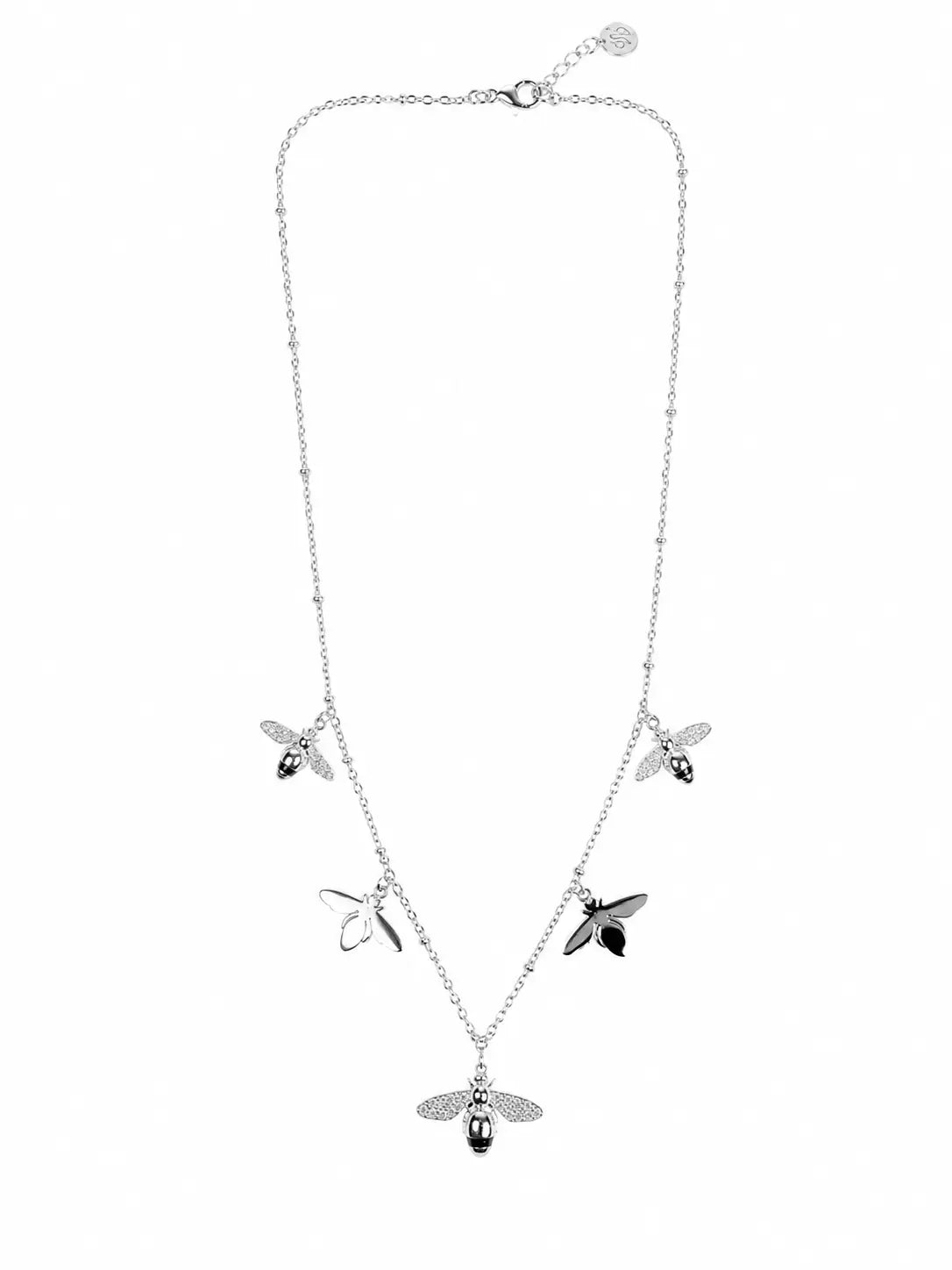 Collana argentata con charms api e cristalli